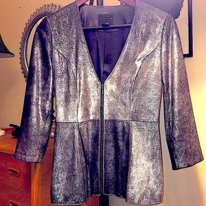 Metallic Real Leather Jacket with Pleated Peplum